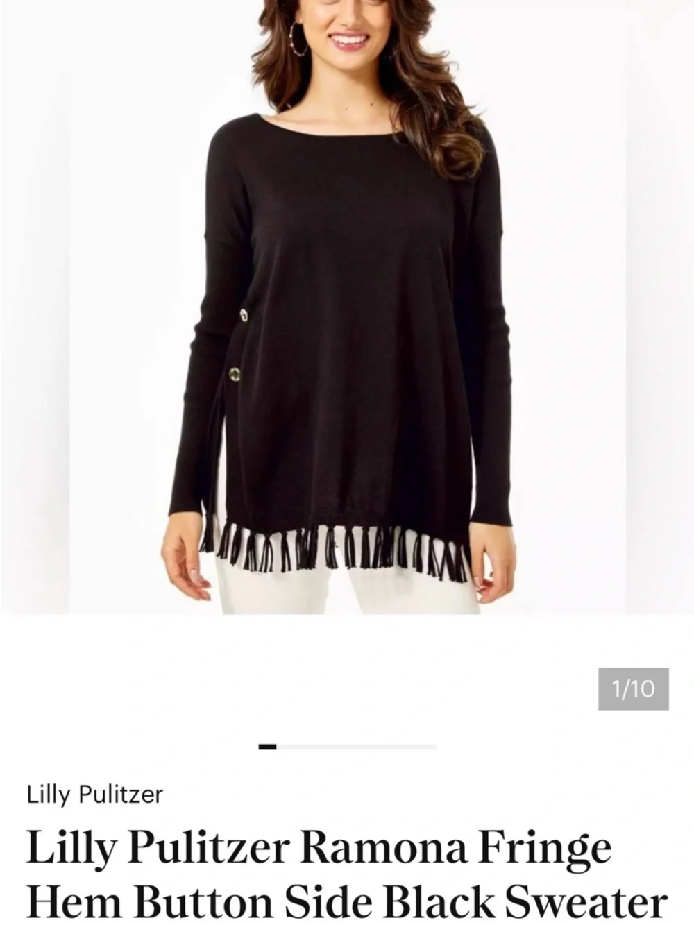 Lilly Pulitzer Black Fringe Hem Long-Sleeve Pullover side button Ramona top